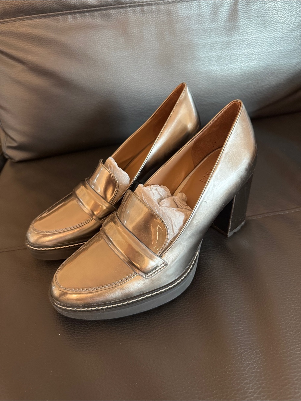Brand New. 8 wide Metallic platform Block Heel Loafer Pumps - Women's Silver